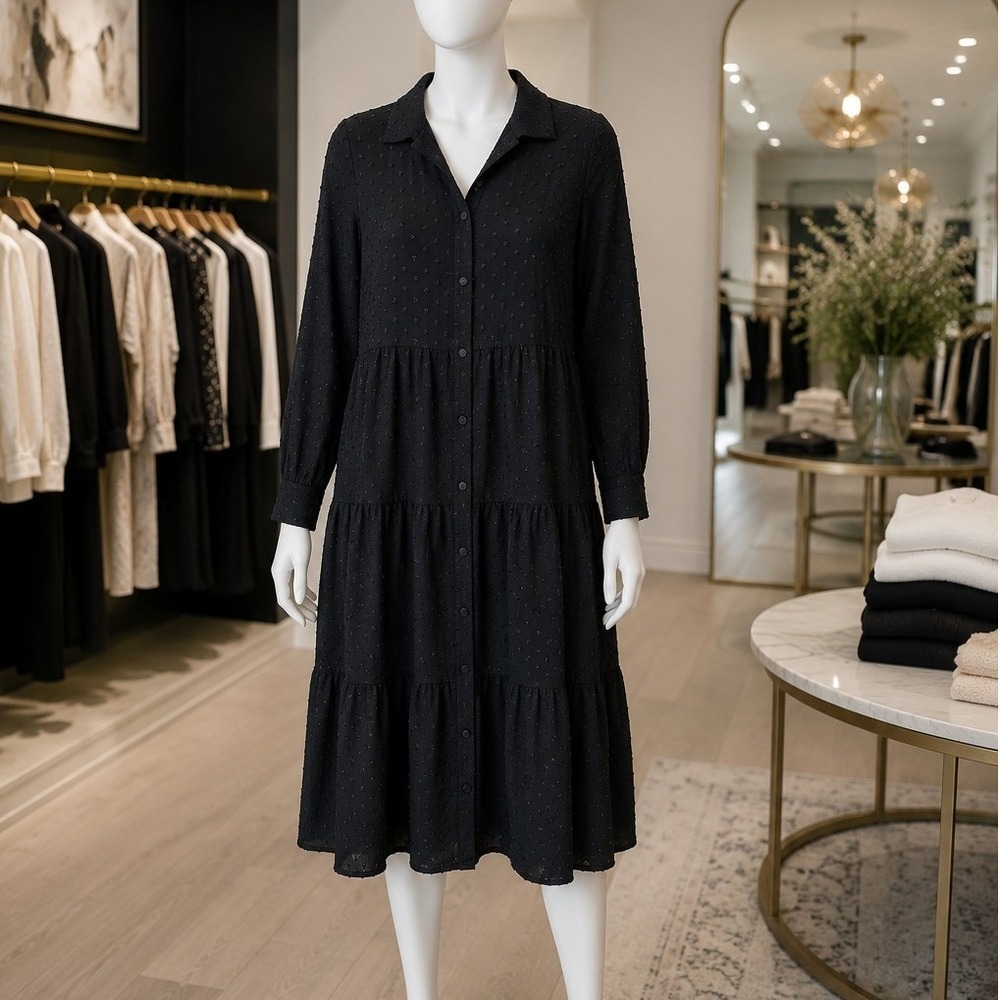 YAL New York Womens Midi Dress Black Tiered Clip Dot Button Front Medium